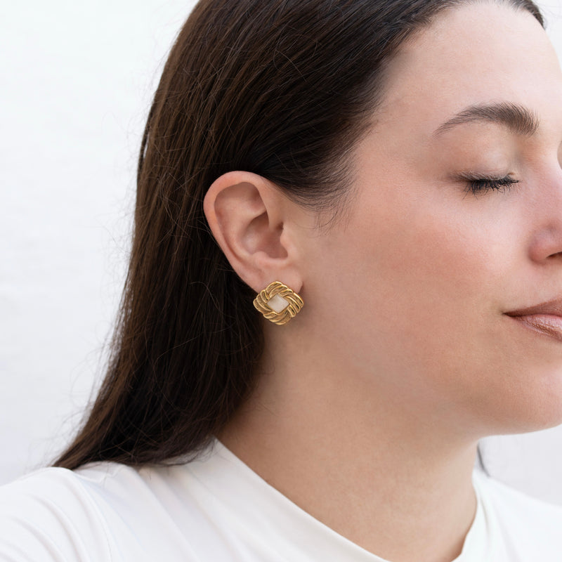 Iris - Gold Square Cat Eye Stone Stud Earrings