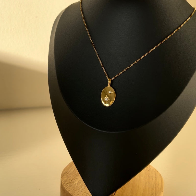 Oval Shaped Pendant Necklace with Star details - 18K Gold Plated