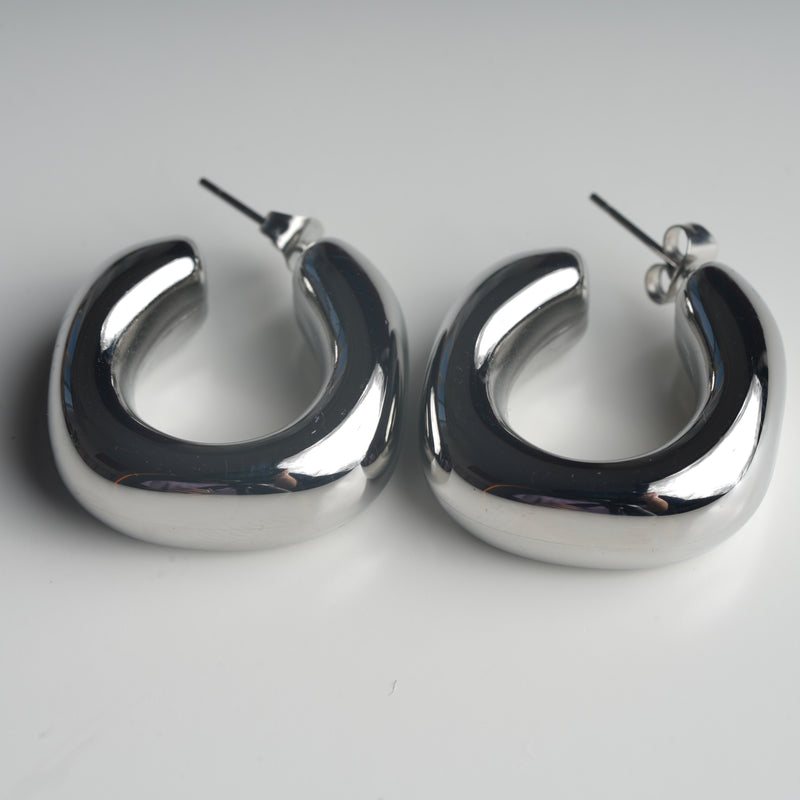 Chunky Rounded Square Medium Size Studded Hoop Earrings