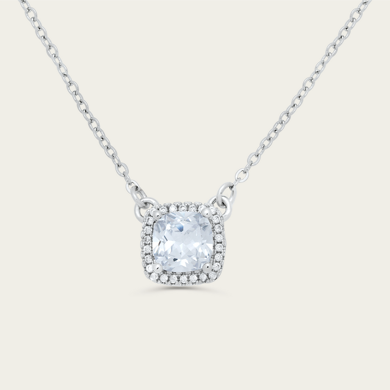 Cushion Cut Halo Necklace - 925 Sterling Silver